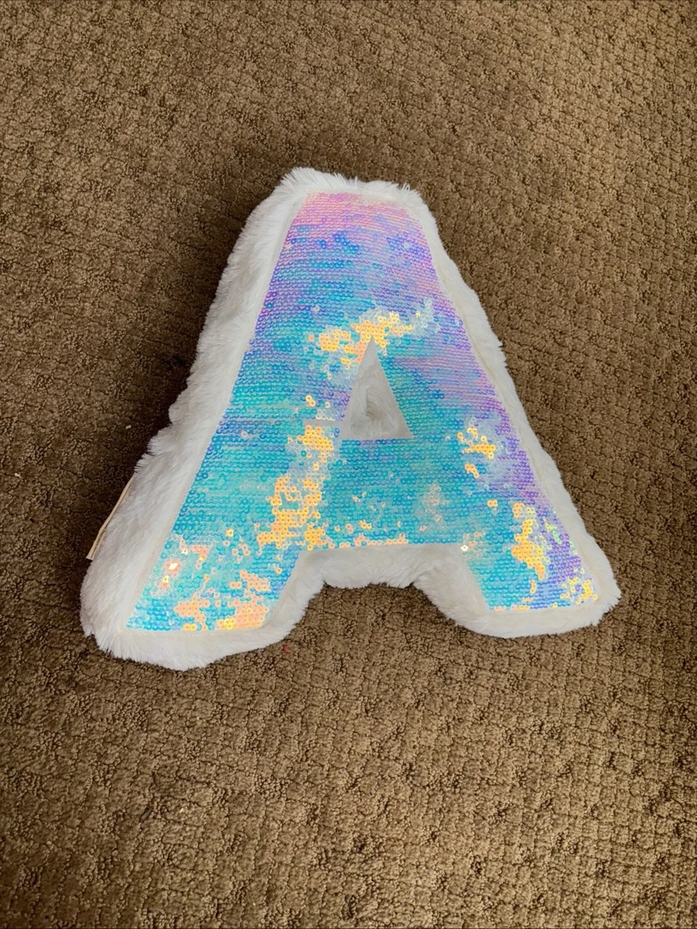 Sequin JUSTICE Letter A Pillow Plush Toy Iridescent white purple EUC Large 14”